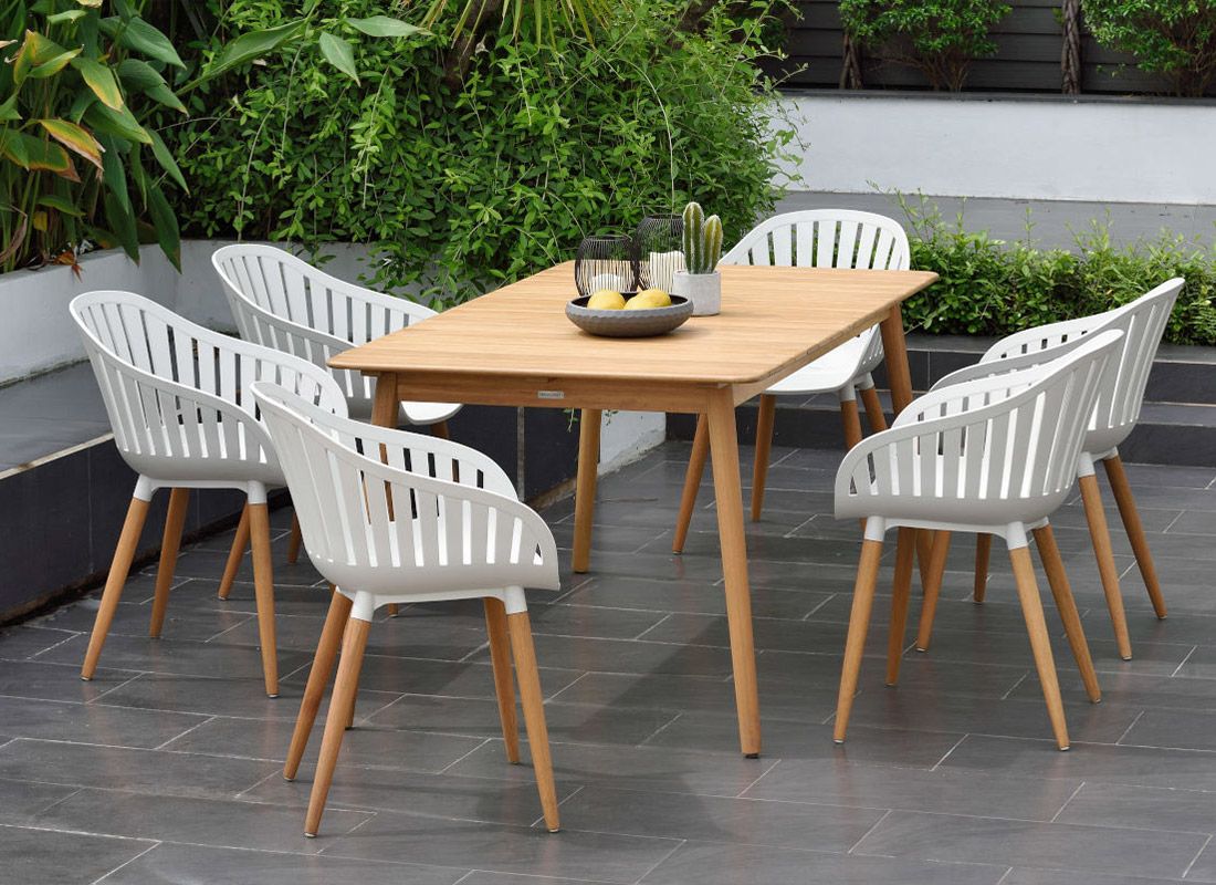 LifestyleGarden Nassau Korallensand Tisch Teaklook/ Gartenmöbel-Set 160x90cm 7-tlg